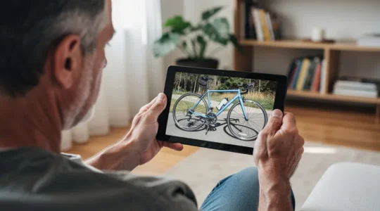 Acheteur consultant des vélos électriques sur tablette dans son salon